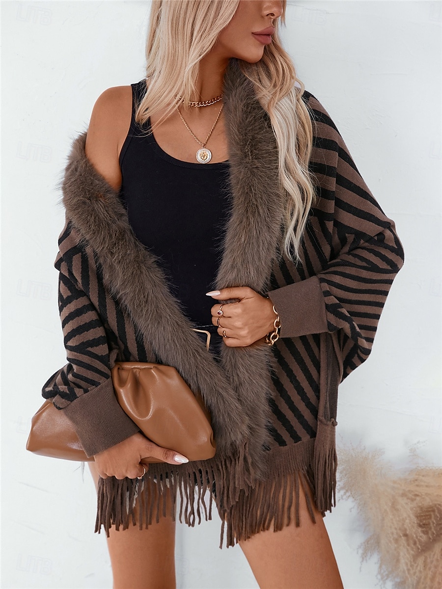 Dame Bolero Fritid Myk Stripet Riflet Crew-hals Strikket Trim i fuskepels Langermet Vanlige topper Strikke utendørs Daglig Helg Vin Aprikos Høst Vinter 2025 - $56.99 –P4
