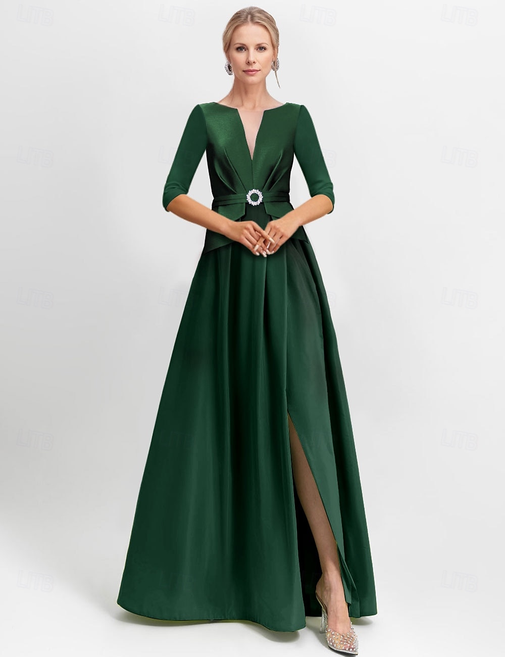 Abito da Sera A-Line Elegante Abito Formale Lunghezza Piante Manica Mezza Collo a V Tasca in Satin con Zirconi 2025 del 2025 a $171.99 –P4