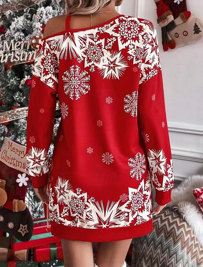 Flocon de Neige Robe Sweat à capuche Femme Noël Nouvel an la veille de Noël Le style mignon Epaules Dénudées Adultes Soirée Noël Robe de 2025 ? $23.99 –P3