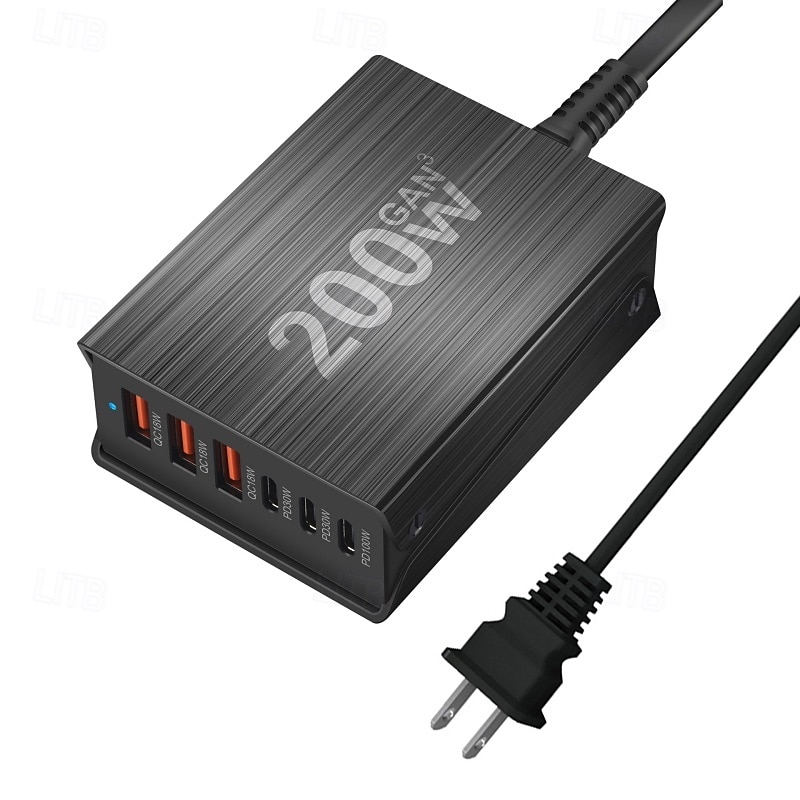 200w stație de încărcare gan 6 porturi încărcător usb c încărcare rapidă qc pd 3.0 tip c încărcător rapid usb pentru iphone 15 14 13 12 pro macbook 2025 - $63.99 –P2