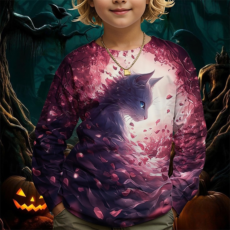 Pojkar 3D Grafisk Katt T-shirt Långärmad Vår Höst Mode Grundläggande Barn 4-12 år Rund hals Utomhus Ledigt Dagligen Normal 2025 - $13.99 –P5