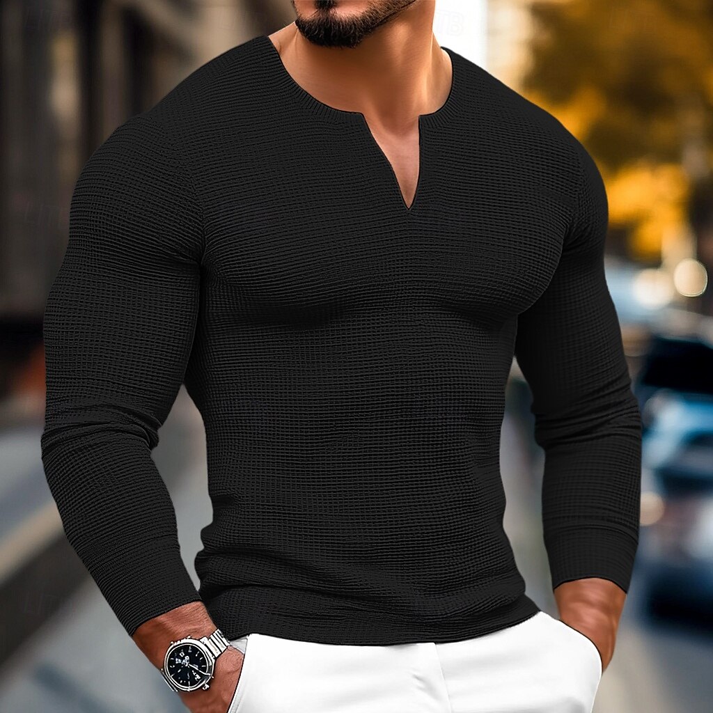 Men's Waffle Shirt T Shirt Tee Top Long Sleeve Shirt Long Sleeve V Neck Spring &  Fall Plain Fashion Designer Basic V Neck Vacation Street Going out Black White Gray Top Tee for Men 2025 - $16.49 –P7