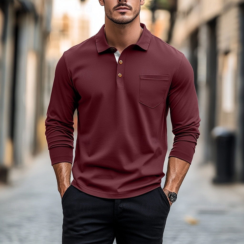 100% Cotton Men's Polo Shirt Golf Polo Formal Work Classic Long Sleeve Color Block Button Summer Spring & Fall Army Green Dark Grey Black Burgundy Navy Blue Polo Shirt 2025 - $27.99 –P2