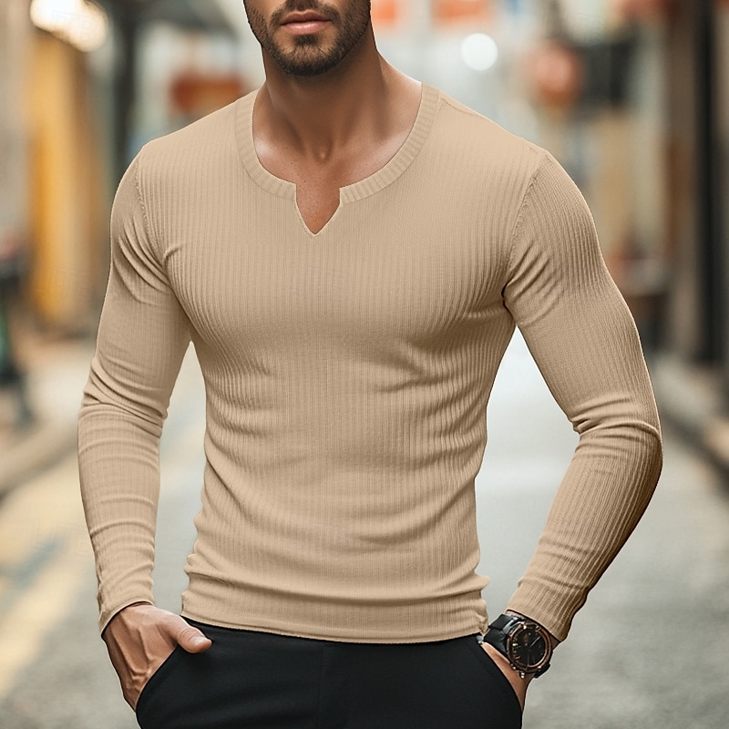 Herren T Shirt Geripptes Strick-T-Shirt T-Shirt Langarmshirt Langarm V Ausschnitt Sommer Frühling & Herbst Einfach Grubenstreifen Mode Designer Basic Gerippt Urlaub Straße Ausgehen Hellblau Schwarz 2025 - $15.49 –P4