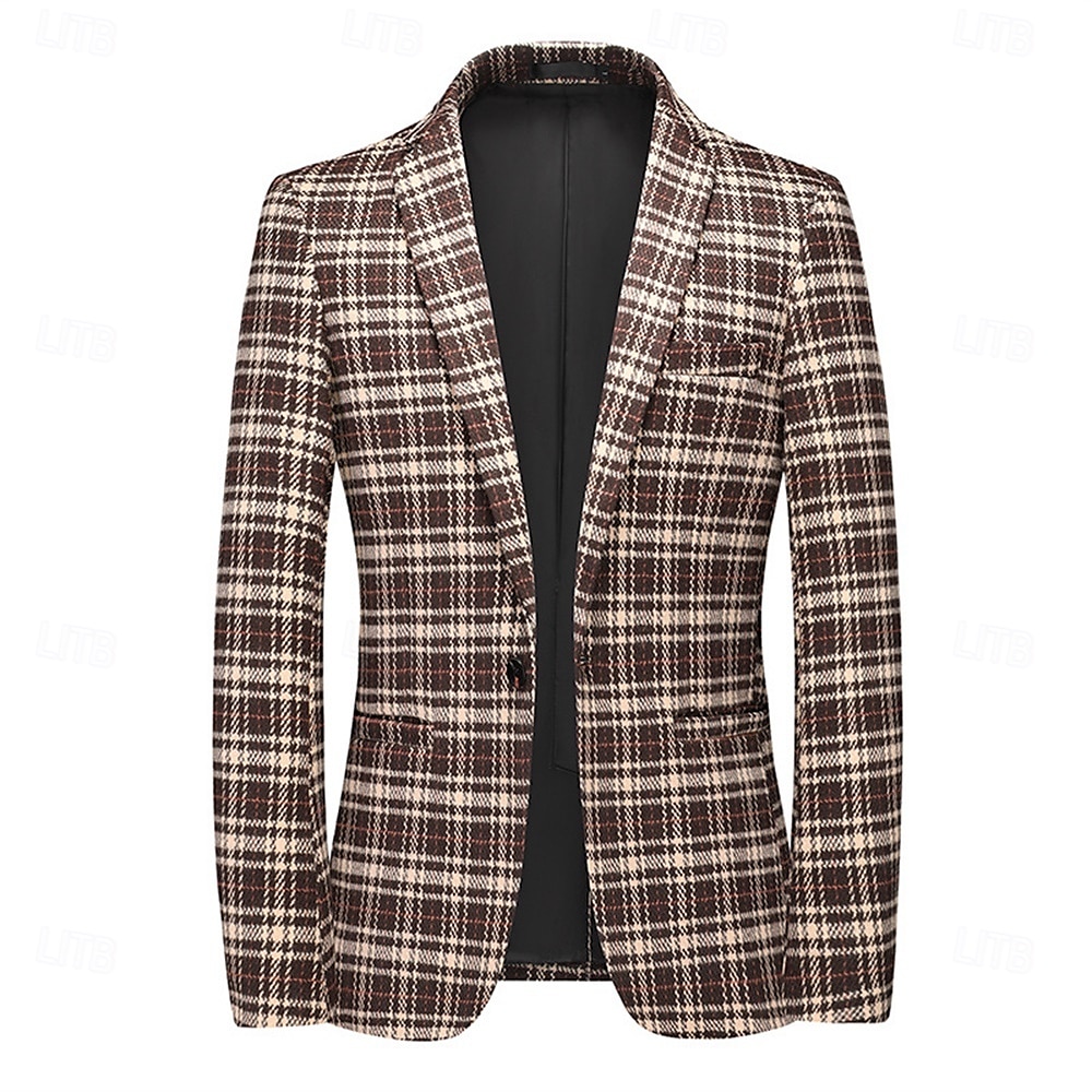 Men's Blazer Business Cocktail Party Wedding Party Fashion Casual Spring & Fall Polyester Plaid Button Pocket Comfortable Single Breasted Blazer Black khaki Gray 2025 - $77.99 –P8