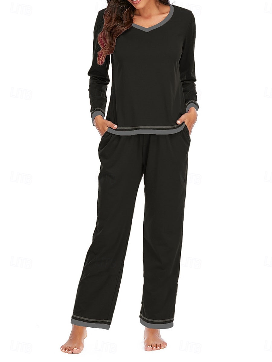 set de pijamale de damă culoare pură casual confort acasă zilnic confort din bumbac cald cu gâtul turnat tricou cu mânecă lungă pantaloni talie elastică ținute de toamnă iarnă acasă 2026 - $41.99 –P6