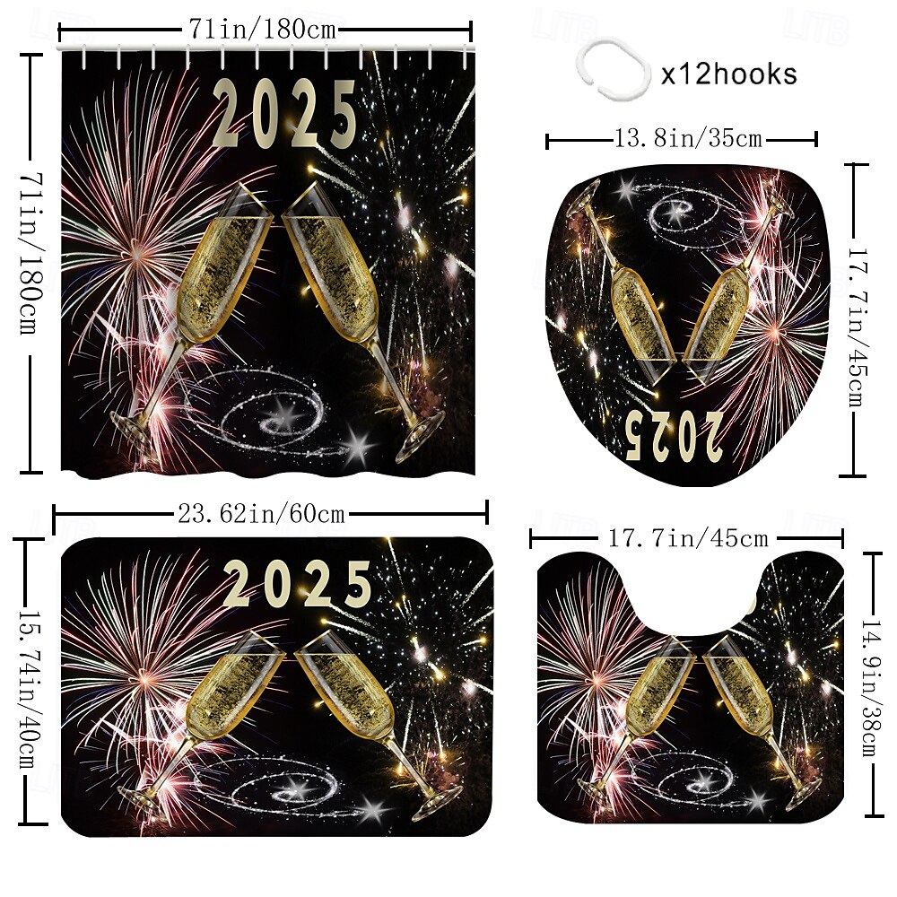 סט ווילון מקלחת חדש לחג 4 חלקים עם 12 ווים פוליאסטר עמיד בכתמים כולל שטיח אמבטיה נגד החלקה ווילון מחיצה לאמבט כיסוי מכסה שירותים שטיח בצורת U לעיצוב חדר אמבטיה מודרני 2025 - $37.99 –P12