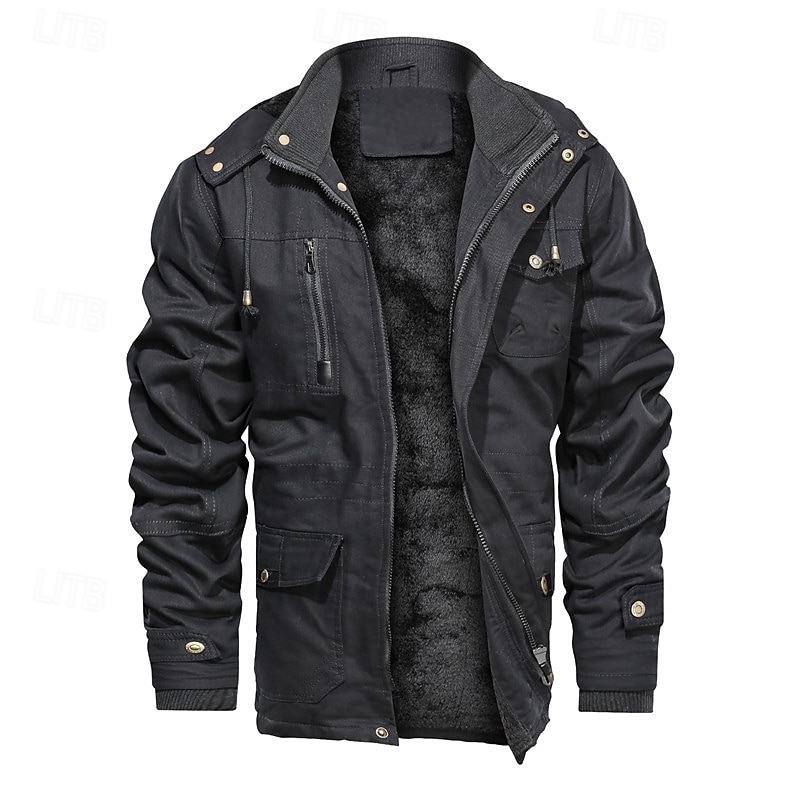 Męskie Kurtka polarowa Kurtka cargo Codzienny Urlop Keep Warm Kieszeń Polar Jesień i zima Równina Moda Moda miejska Kołnierz stawiany Regularny Czarny Khaki Zieleń wojskowa Kurtki 2026 - $87.99 –P8