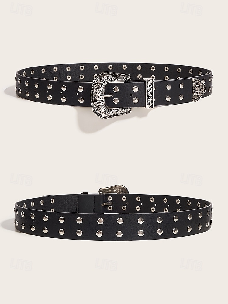 Women's Western Style Belt with Embossed Buckle and Studded Detailing, Faux Leather Adjustable Waist Belt for Casual and Vintage Outfits 2025 - $18.99 –P4