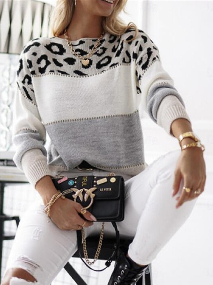 Dame Genser Pullover genser Fritid Myk Leopard Riflet Crew-hals Strikket Trykt mønster Langermet Vanlige topper Strikke utendørs Daglig Helg Gul Rosa Høst Vinter 2025 - $47.99 –P3