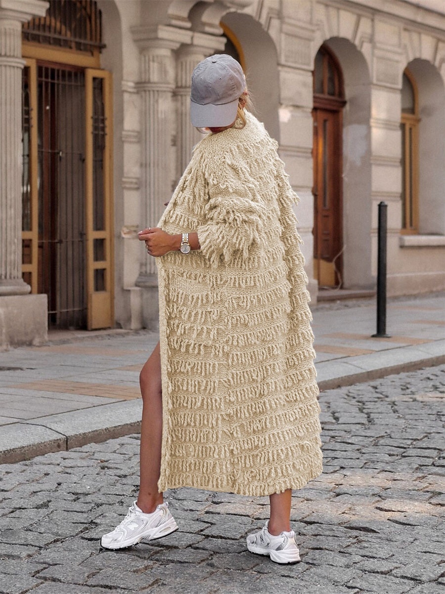 Women's Sweater Cardigan Casual Soft Pure Color Ribbed Open Front Tassel Knitted Long Sleeve Long Tops Knit Outdoor Daily Weekend Black Khaki Fall Winter 2025 - $67.99 –P10