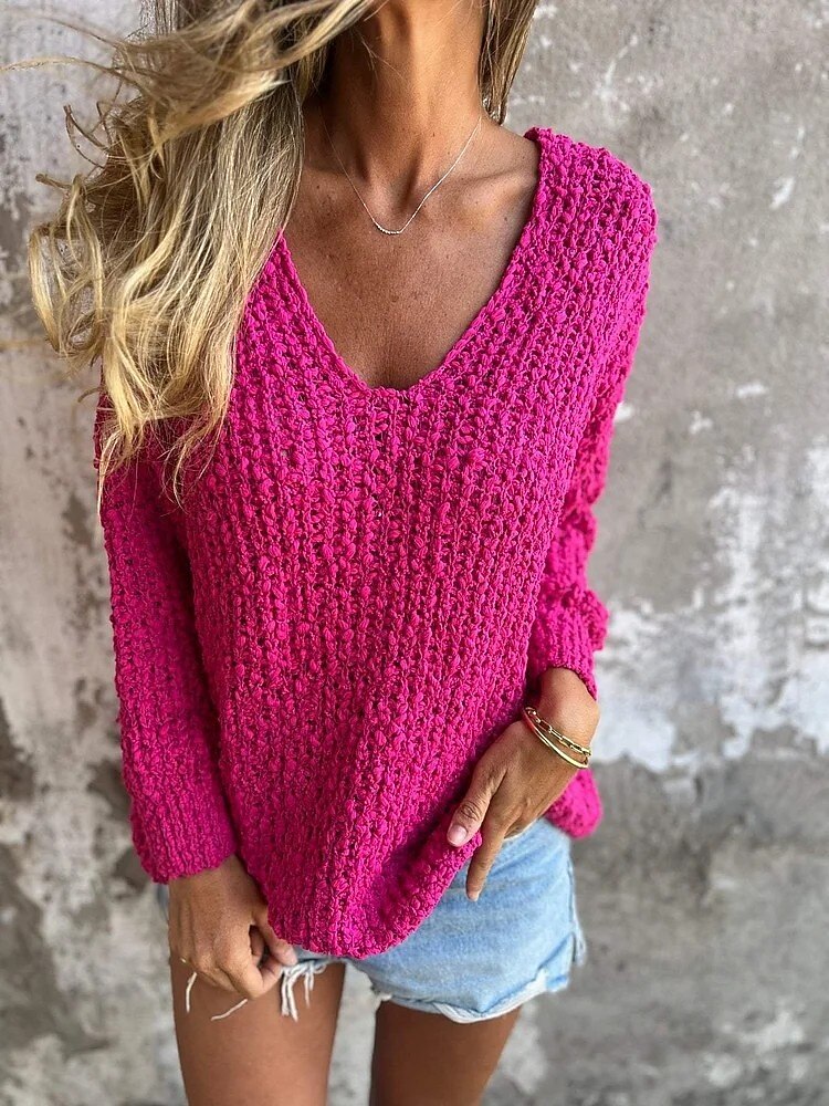 Femme Pull Chandail Elégant Mode du quotidien Couleur unie Col V Tricoté Texturé manche longue Hauts réguliers Tricoter Extérieur Bleu Fuchsia Automne Hiver de 2025 ? $31.99 –P2