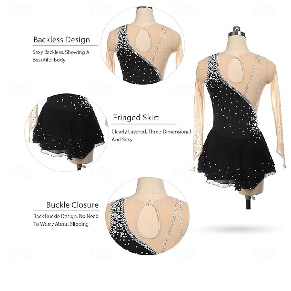 Girls Figure Skating Dress Long Sleeves One Shoulder Round Neck Rhinestone Ballet Dance Competition Costume 2025 - $140.99 –P7