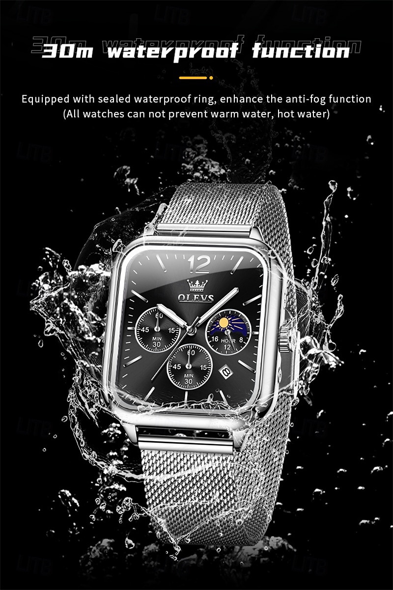 nouvelle marque olevs olevs tendance montres pour hommes cadran carré calendrier lumineux des phases de lune multifonction ceinture en maille à trois yeux montre à quartz à phases de lune de 2025 ? $29.99 –P6
