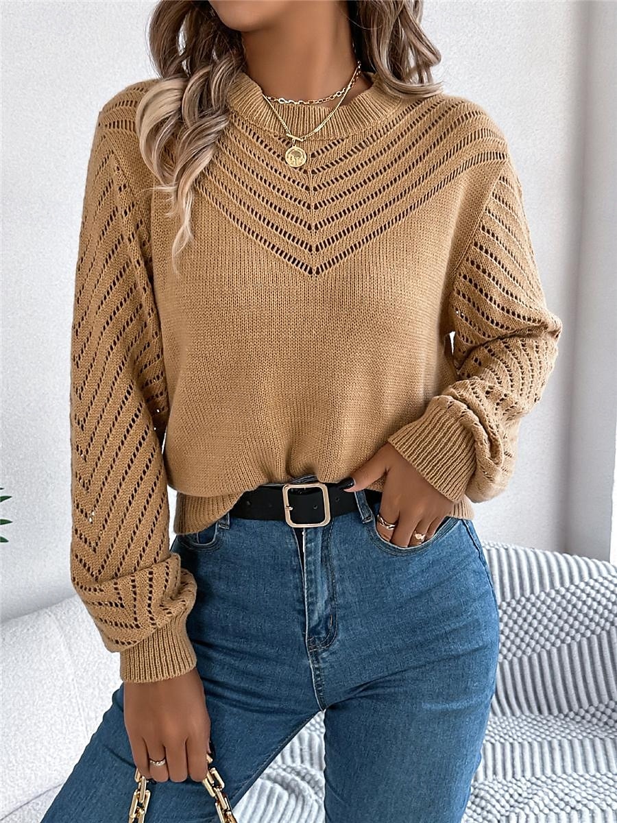 Per donna Felpa Pullover Maglione Informale Morbido Colore puro A coste Girocollo Traforato Lavorato a maglia Manica lunga Top regolari Maglia Esterno Giornaliero Fine settimana Bianco Arancione del 2025 a $45.99 –P17