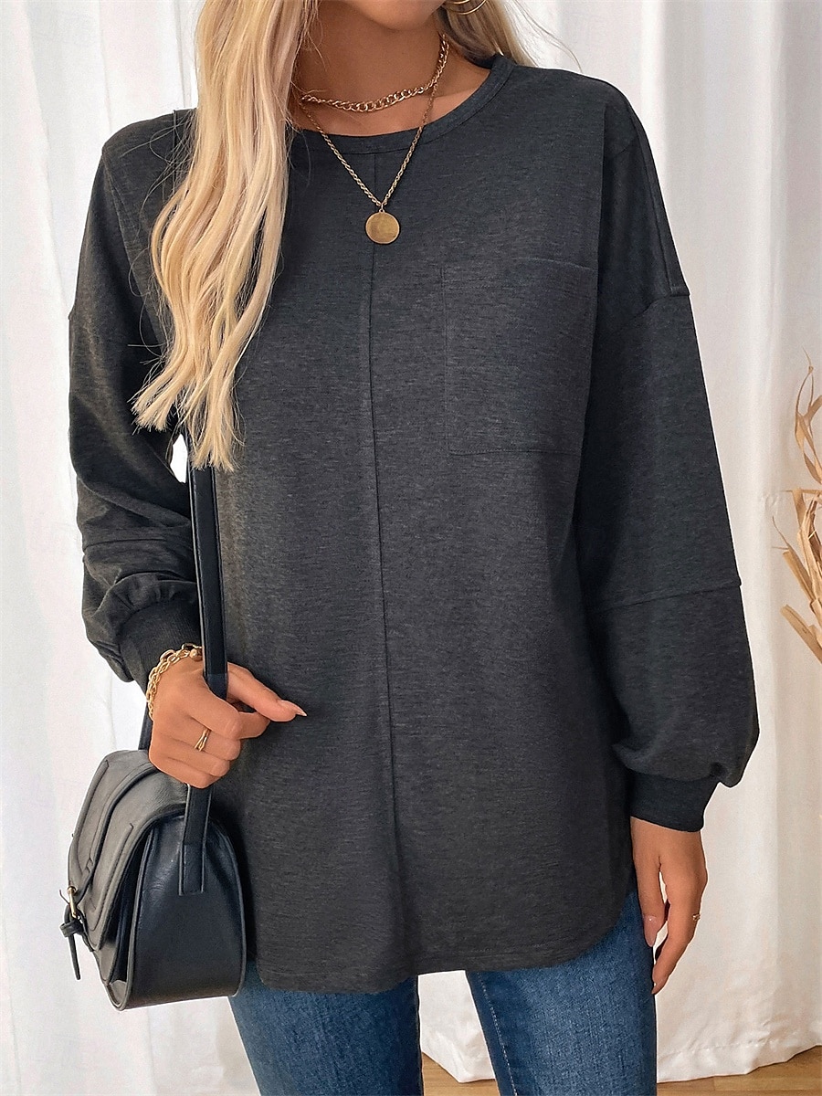 naisten collegepaita rento plain street dailywear pyöreä kaulaprintti pitkähihainen tummanharmaa syksy talvi 2025 - $36.99 –P6