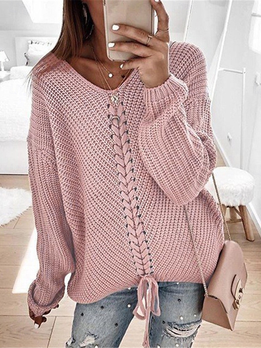 Dam Tröja Pullover tröja Ledigt Mjukt Ren färg Ribbad V-hals Stickat Långärmad Vanliga toppar Sticka Utomhus Dagligen Helgen Rodnande Rosa Blå Höst Vinter 2025 - $51.99 –P1