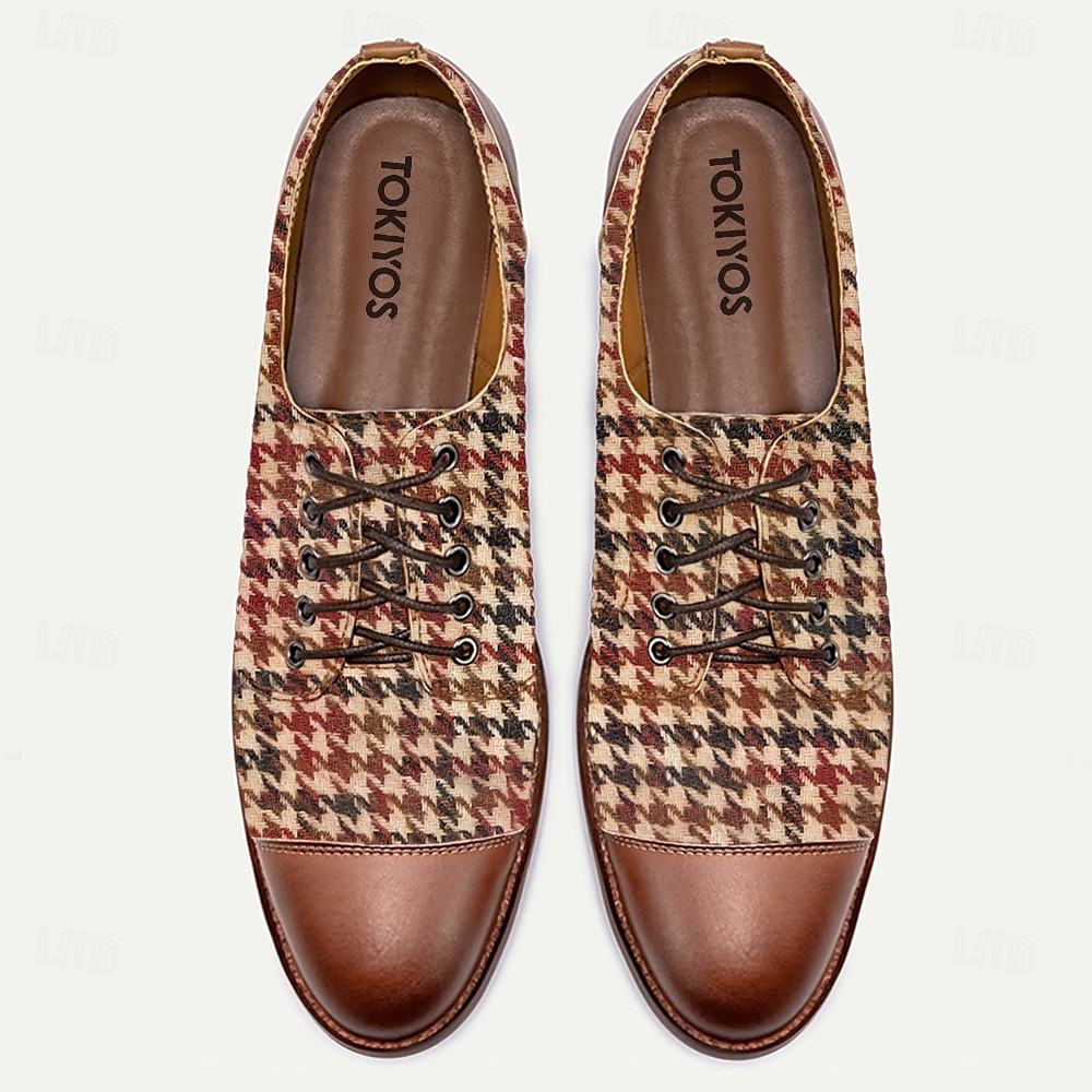 scarpe oxford da uomo con motivo pied de poule - motivo a scacchi marrone e rosso vintage, dettagli in similpelle, perfette per occasioni formali e casual del 2025 a $59.99 –P2