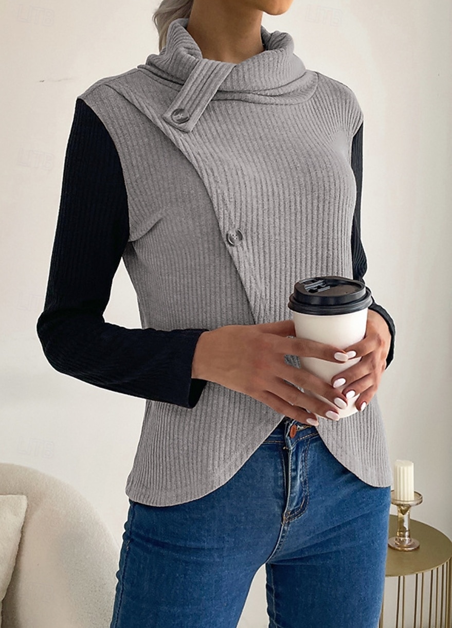 Damen Tunika Feste Farbe Täglich Langarm Rollkragen Arbeit Knopf Khaki Grau Frühling Herbst Winter 2025 - $29.99 –P4