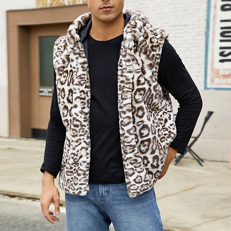 Men's Vest Faux Fur Gilet Daily Date Vacation Fashion Casual Fall & Winter Keep Warm Polyester Comfortable Leopard Print Cardigan Stand Collar Regular Fit White Yellow Brown Vest 2026 - $41.99 –P9