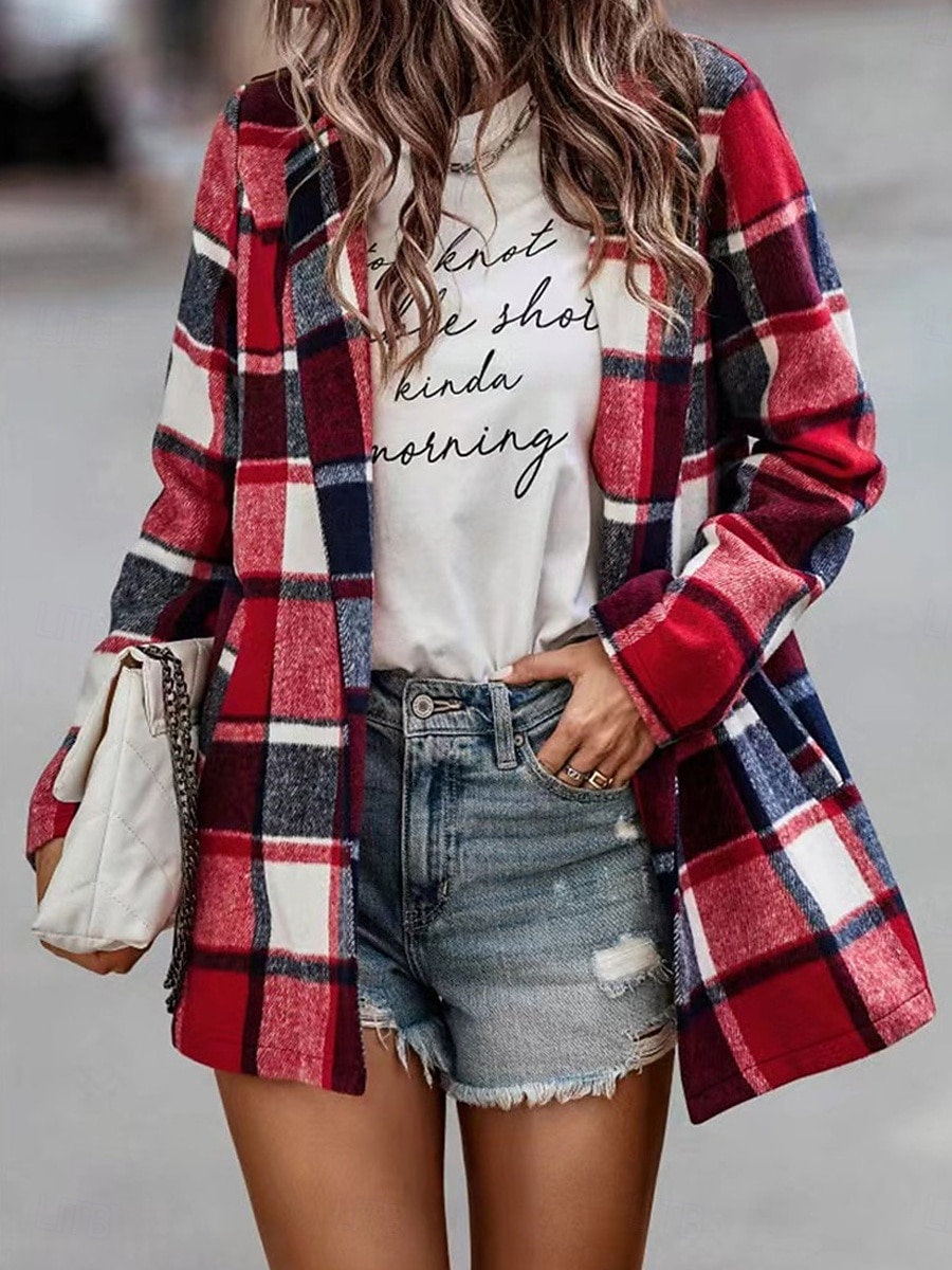 Dam Vardaglig jacka Utomhus Gata Dagliga kläder Höst Vinter Normal Täcka Normal Håller värmen Andningsfunktion Stylish Ledigt Jacka Långärmad Ränder och pläd Med fickor Mönster Rubinrött Fuchsia 2025 - $41.99 –P3