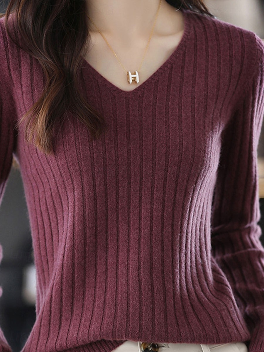 Dame Genser Pullover genser Fritid Myk Ren farge Riflet V-hals Strikket Langermet Vanlige topper Strikke utendørs Daglig Helg Hvit Gul Høst Vinter 2025 - $27.99 –P8