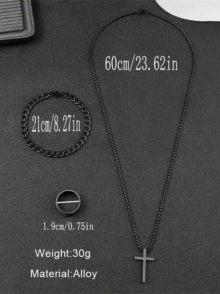 Men's Alloy Cross Necklace, Chain Bracelet, and Engraved Ring Set – Durable and Stylish Christian Jewelry 2025 - $11.99 –P8