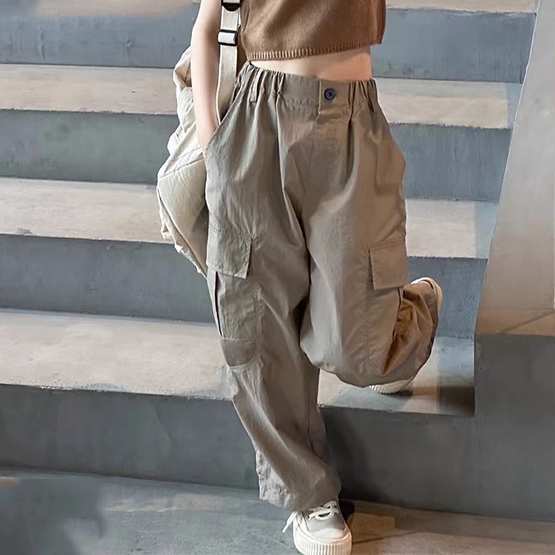 kinderkleidung Mädchen Hose Feste Farbe Strassenmode Tasche Schulanfang 4 Jahre + Frühling Rosa Beige Grau 2026 - $15.99 –P5