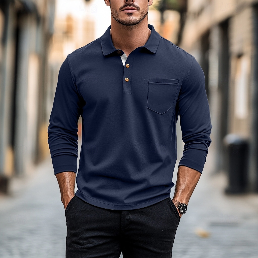 100% Cotton Men's Polo Shirt Golf Polo Formal Work Classic Long Sleeve Color Block Button Summer Spring & Fall Army Green Dark Grey Black Burgundy Navy Blue Polo Shirt 2025 - $27.99 –P1
