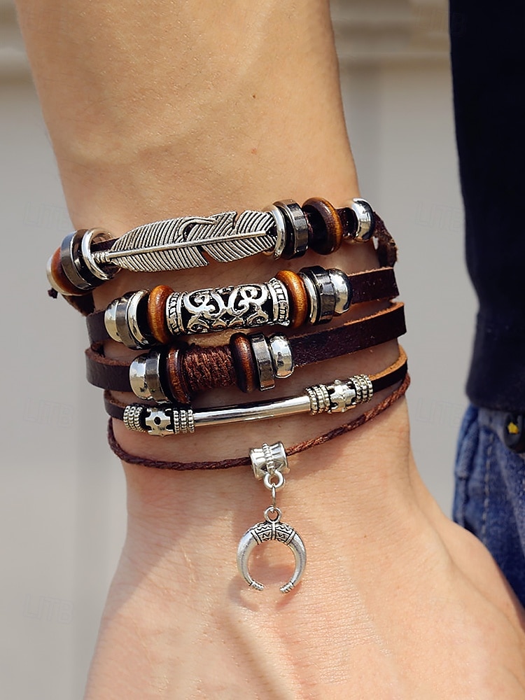 mäns boho flerlagers läderarmband med fjäder och halvmåneberlock – vintageinspirerat justerbart omlottarmband för avslappnad stil 2025 - $11.99 –P2