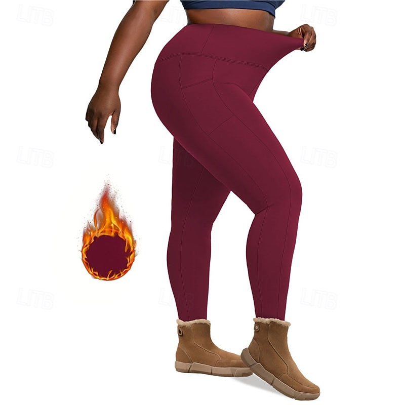 Dam Yogabyxor Fleecefodrade Leggings Yoga leggings med telefonficka Hög midja Pilates Gymträning Träna Trikåer Ensfärgat Mörkgrå Svart Vinröd Elastan Skinna Höst Vinter Plusstorlekar sporter 2026 - $16.49 –P13