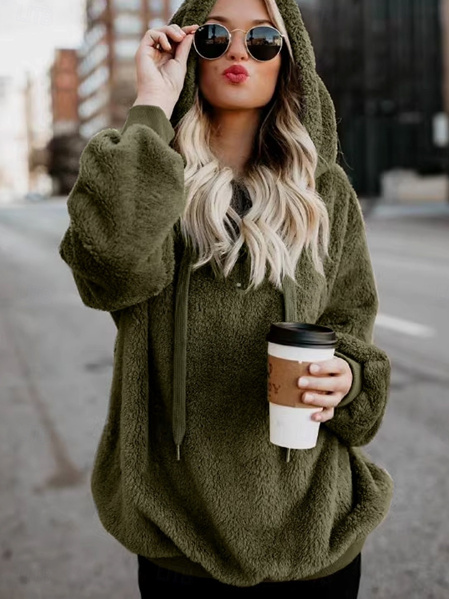 moletom feminino com capuz moletom casual sherpa liso rua diário moletom com zíper bolso manga comprida vinho marrom verde outono inverno de 2025 por $27.99 –P4