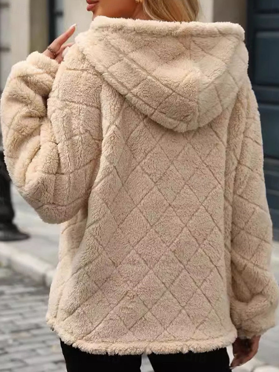 női cipzáras kapucnis pulóver alkalmi sherpa polár sima utcai napi ruha kapucnis zseb félcipzáras hosszú ujjú fekete piros bézs ősz tél 2025 - $56.99 –P2