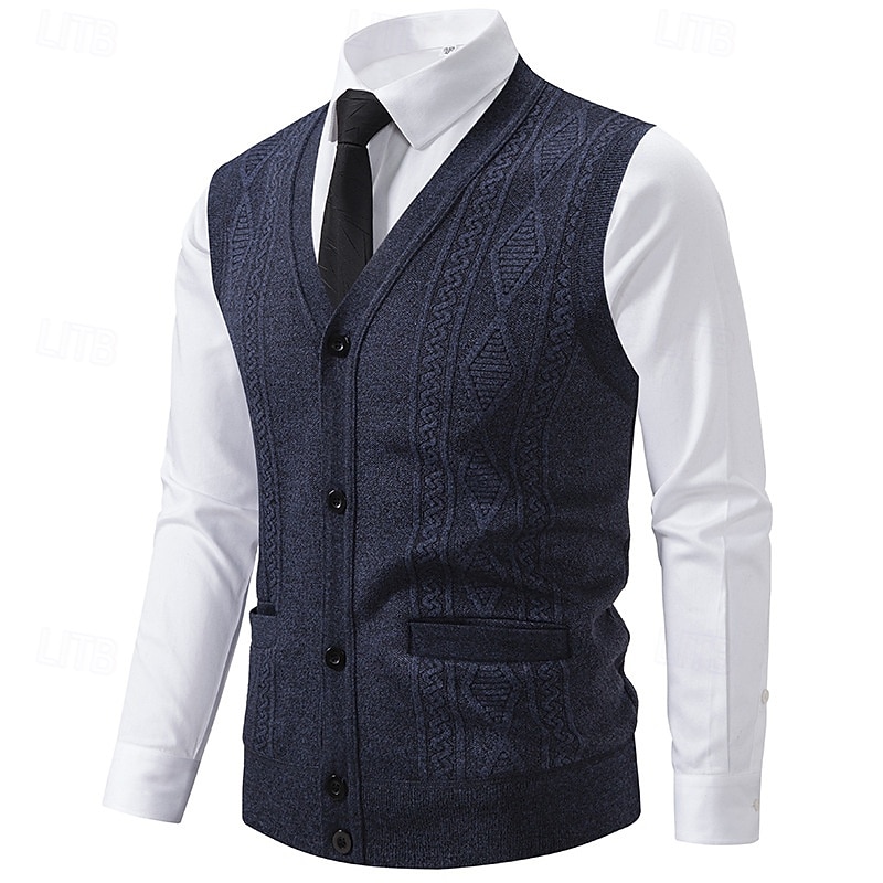 Men's Sweater Vest Dress Sweater Vest Knitwear Cardigan Vest Ribbed Knit Regular Pocket Plaid / Striped / Chevron / Round V Neck Fashion Classic Daily Wear Date Clothing Apparel Fall & Winter Black 2025 - $21.99 –P1