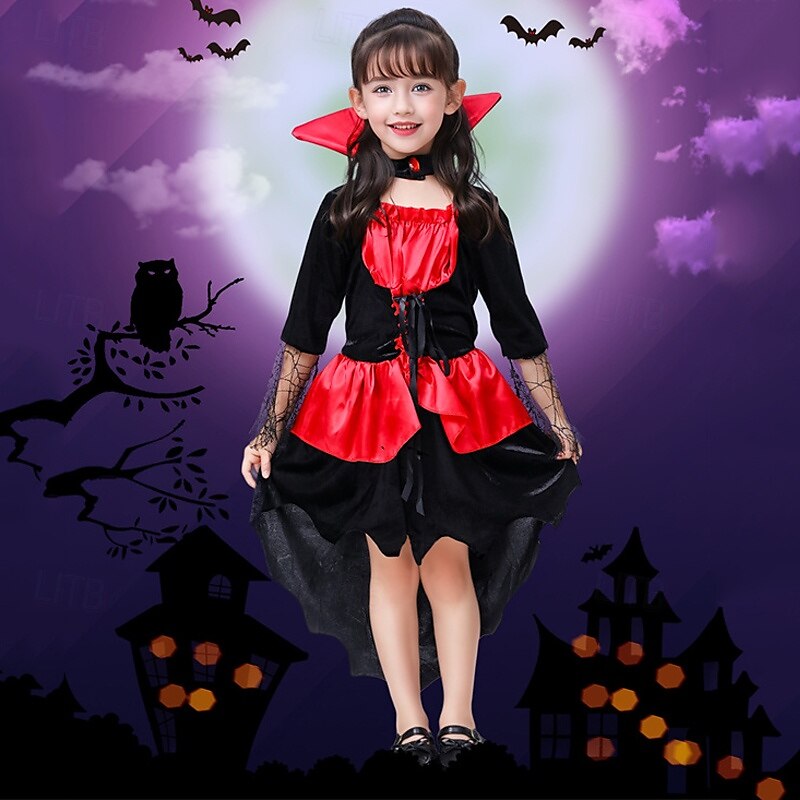 Kids Girls' Dress Color Block halloween custome Long Sleeve Performance Party Patchwork Gothic Costume Polyester Knee-length Casual Dress Summer Spring 4 years+ Red 2025 - $32.99 –P1