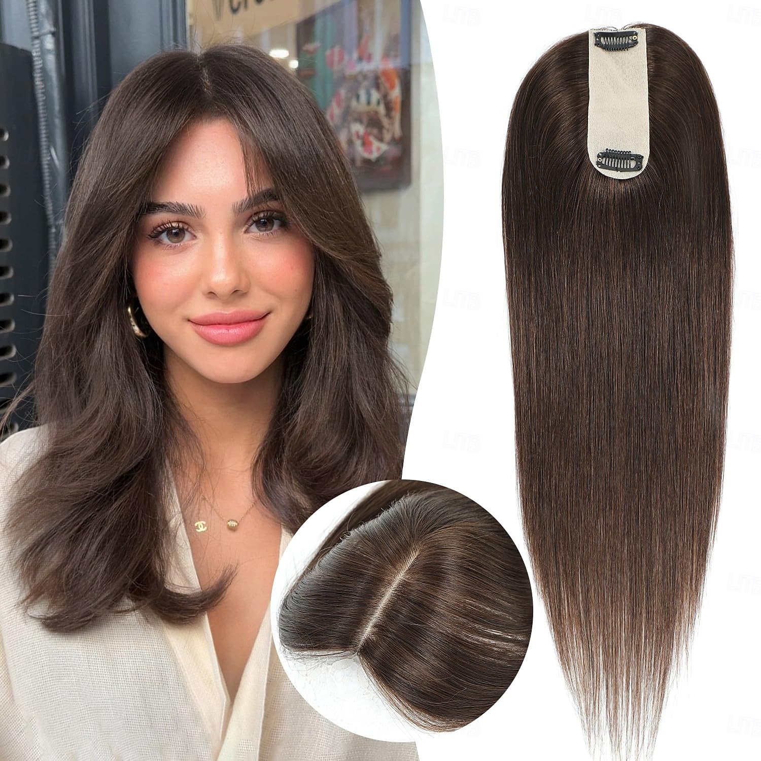 toppers de păr pentru femei păr uman real, 14 inch scalp line toppers piese de păr pentru subțierea părului despărțire, toppers 100% păr uman real 1,5"x5" bază de mătase maro mediu poate fi ondulat #4 2025 - $117.99 –P1