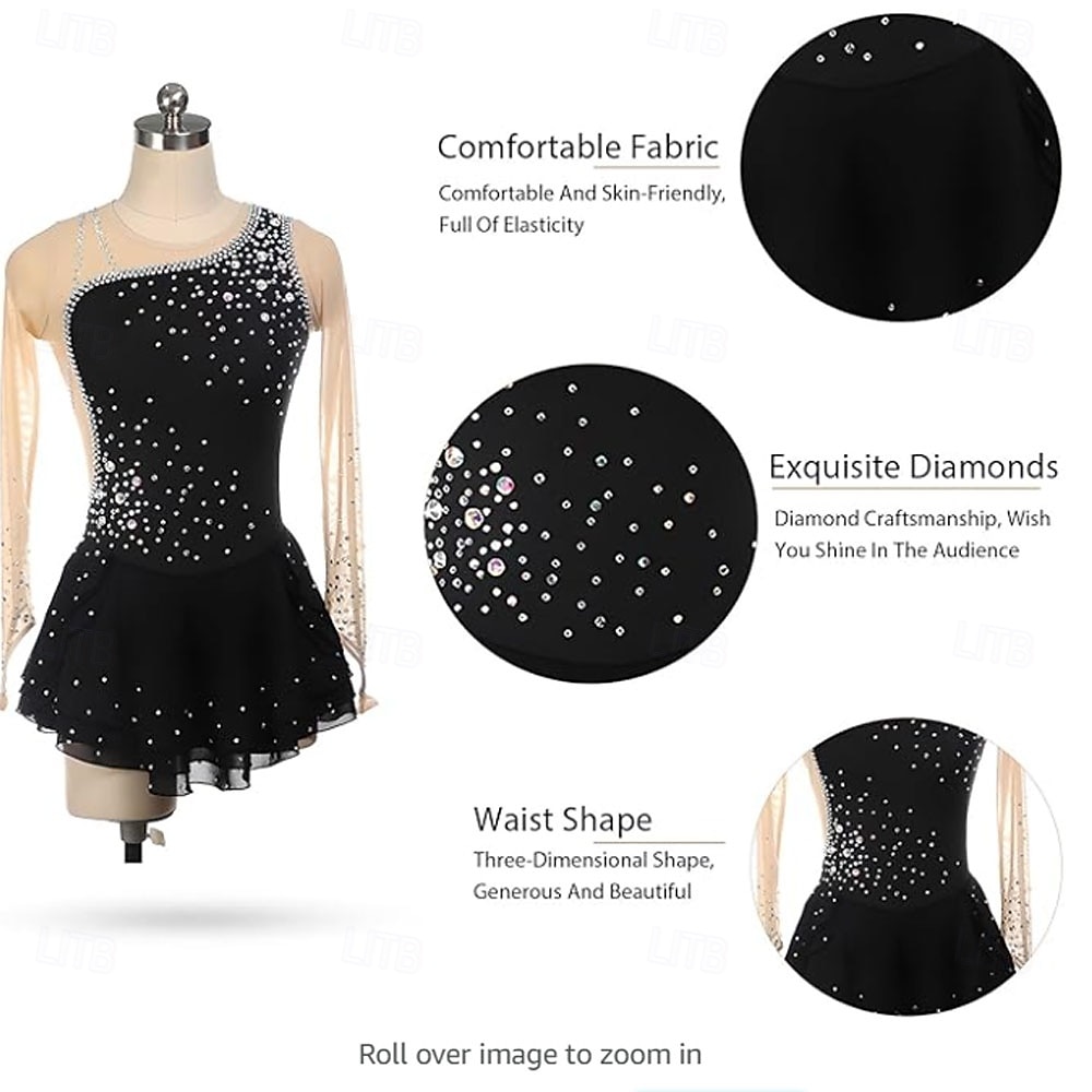 Girls Figure Skating Dress Long Sleeves One Shoulder Round Neck Rhinestone Ballet Dance Competition Costume 2025 - $140.99 –P6