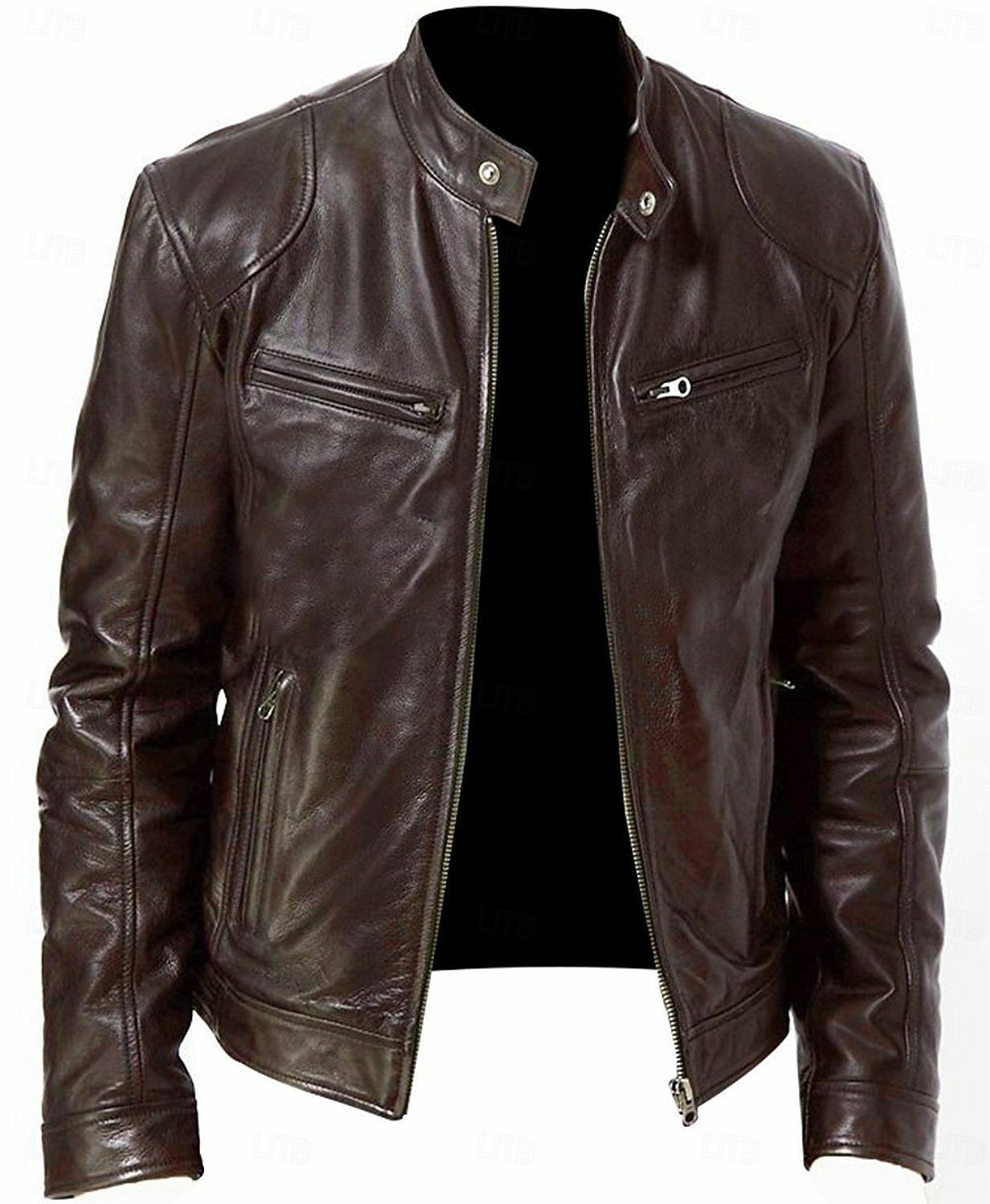 Men's Faux Leather Jacket Biker Jacket Motorcycle Jacket Daily Thermal Warm Rain Waterproof Zipper Fall & Winter Solid Colored Punk Vintage Stand Collar Regular Black Blue Brown Coffee Jacket 2026 - $45.99 –P2