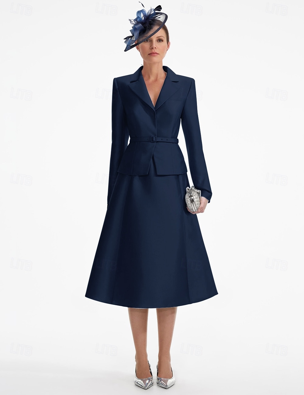 Blazer Kleid Zweiteilig A-Linie Champagner Kleid Smoking Kleid Elegant V-Ausschnitt Tee-Länge Satin Lange Ärmel mit Uni-Farbe Derby Kleider 2025 2025 - $159.99 –P1