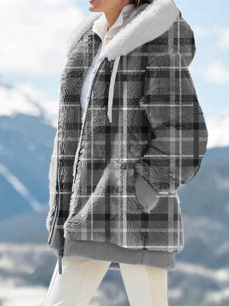 Per donna Giacca in pile Cappotto teddy Giacca con cappuccio Tenere al caldo Traspirante Cerniera Tasche Stampa Collo di pelliccia Informale A quadri Da mare Strada Da tutti i giorni Per uscire del 2025 a $51.99 –P6