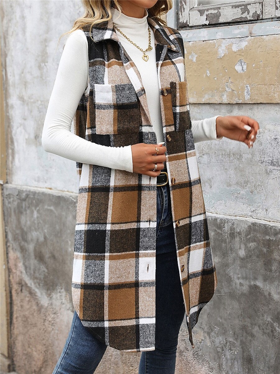 Mulheres Colete Ao ar livre Rua Roupa Diária Outono Inverno Longo Casaco Normal Térmico / Quente Respirável à moda Casual Casaco Sem Manga Listras e xadrez Com bolsos Imprimir Laranja Verde Cáqui de 2025 por GBP £32 –P6