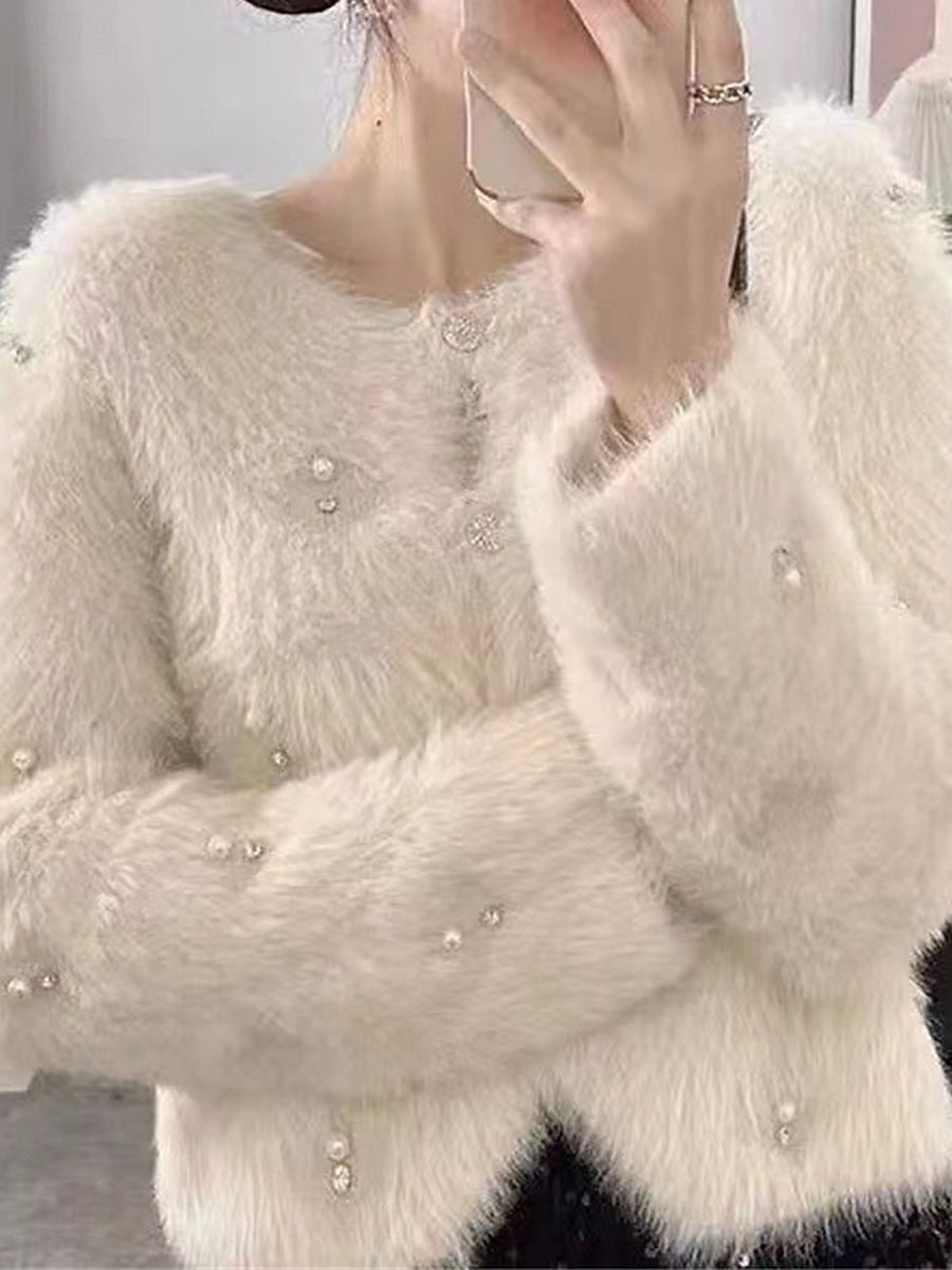 pull femme cardigan flou col en V tricot côtelé perlé automne hiver quotidien week-end décontracté doux manches longues couleur pure rose abricot de 2025 ? $41.99 –P4
