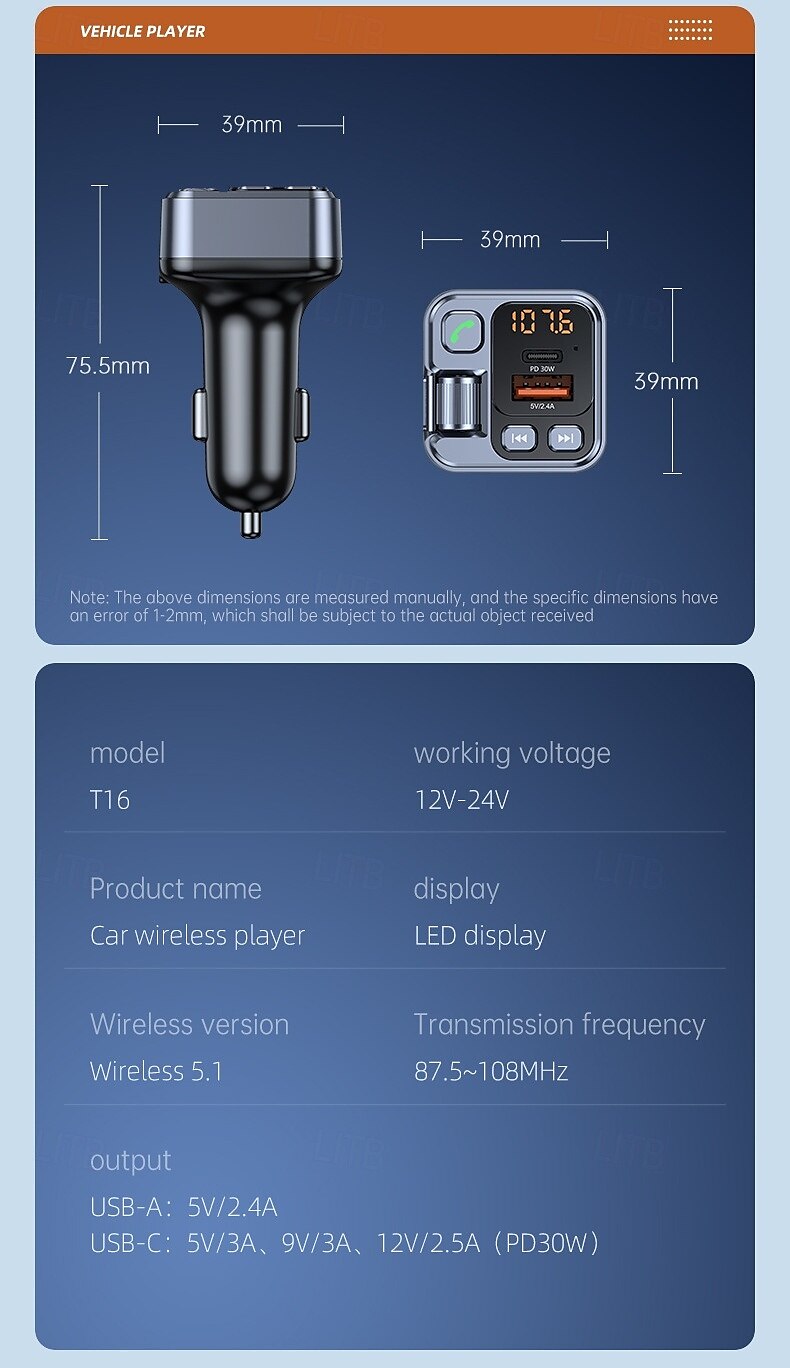 Car Charger 30W Fast Charging Adapter FM Bluetooth Transmitter Handsfree Call with Voltage Monitor MP3 Player for IPhone Samsung 2025 - $26.99 –P16