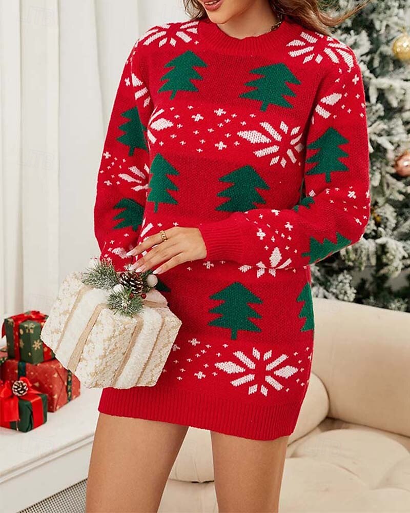 Vestido suéter feminino feriado árvore de natal floco de neve padrão manga longa gola redonda vermelho verde inverno casual roupas festivas vestuário de 2025 por $33.99 -P3