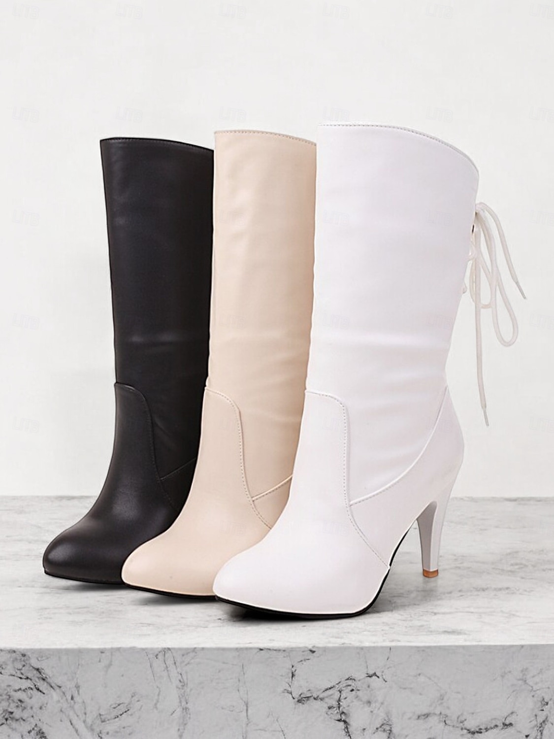 stivali neri con lacci da donna con tacco a metà polpaccio - eleganti stivali a stiletto con punta affilata e dettaglio in pizzo laterale per outfit autunnali e invernali del 2025 a $59.99 –P5