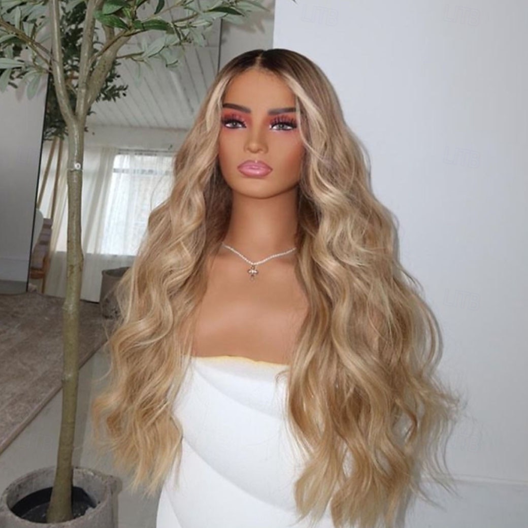 Echthaar 13x4 Spitzenfront Perücke Mittelteil Brasilianisches Haar Wellen Blond Mehrfarbig Perücke 130% 150% Haardichte Gefärbte Haarspitzen (Ombré Hair) Natürlicher Haaransatz Leimlos Vorgerupft Für 2026 - $295.49 –P3