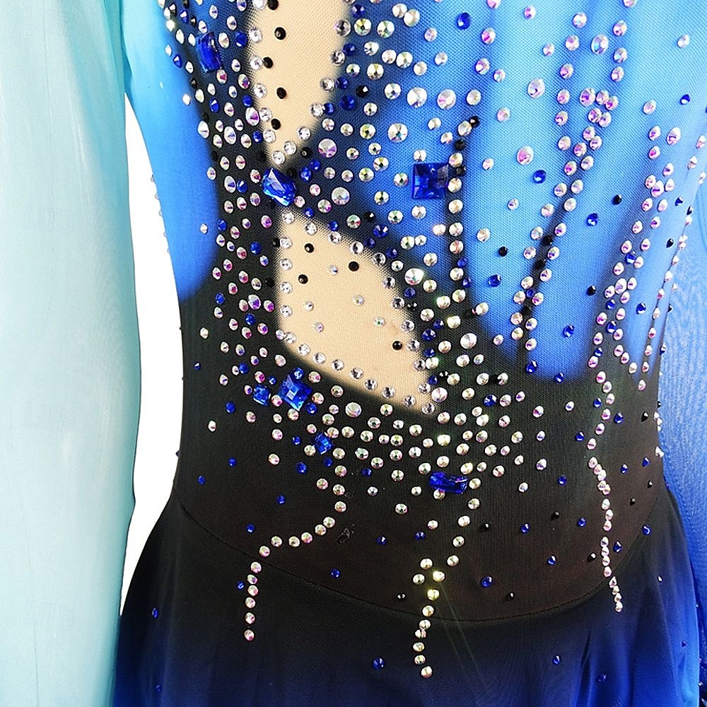 Eiskunstlaufkleid Damen Mädchen Eislaufen Kleid Blau Patchwork Daumenloch Netzstoff Hohe Elastizität Training Wettbewerb Eiskunstlaufkleidung Klassisch Kristall / Strass Langarm Eislaufen 2025 - $195.99 –P5