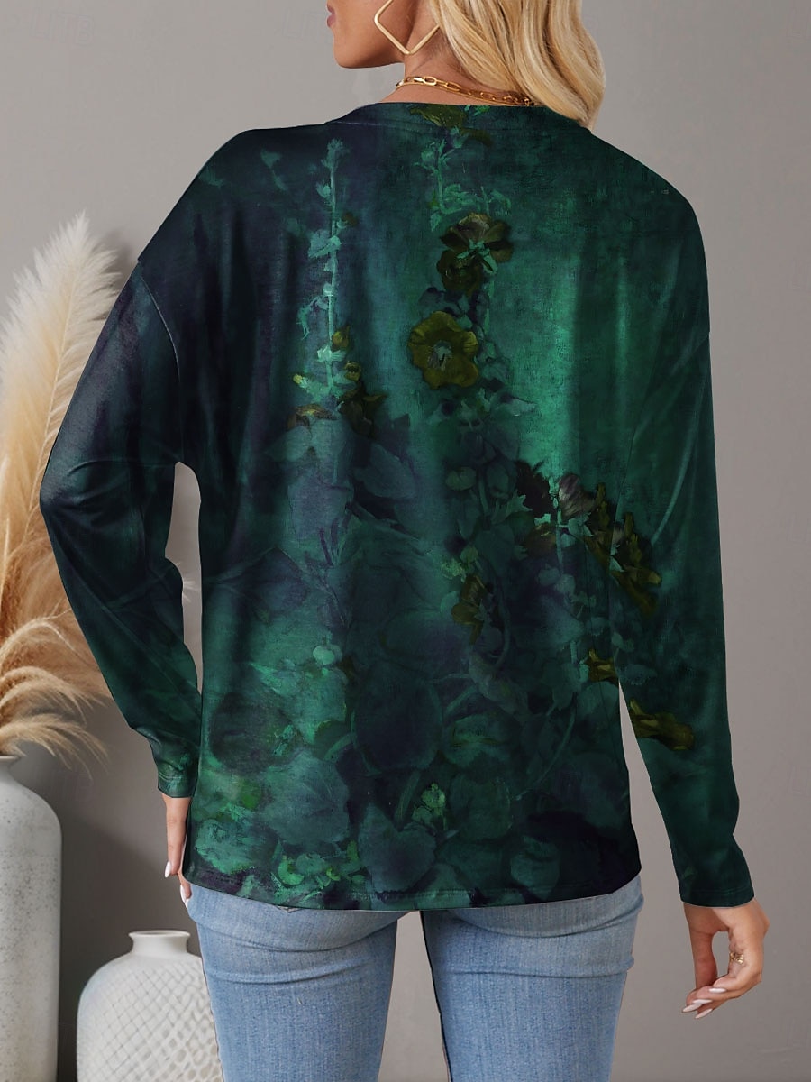Pentru femei Tricou Floral Modă Manșon Lung Rotund Topuri obișnuite Concediu Sfârșit de săptămână Imprimeu Albastru piscină Mov Trifoi Primăvara & toamnă 2025 - $22.99 –P2