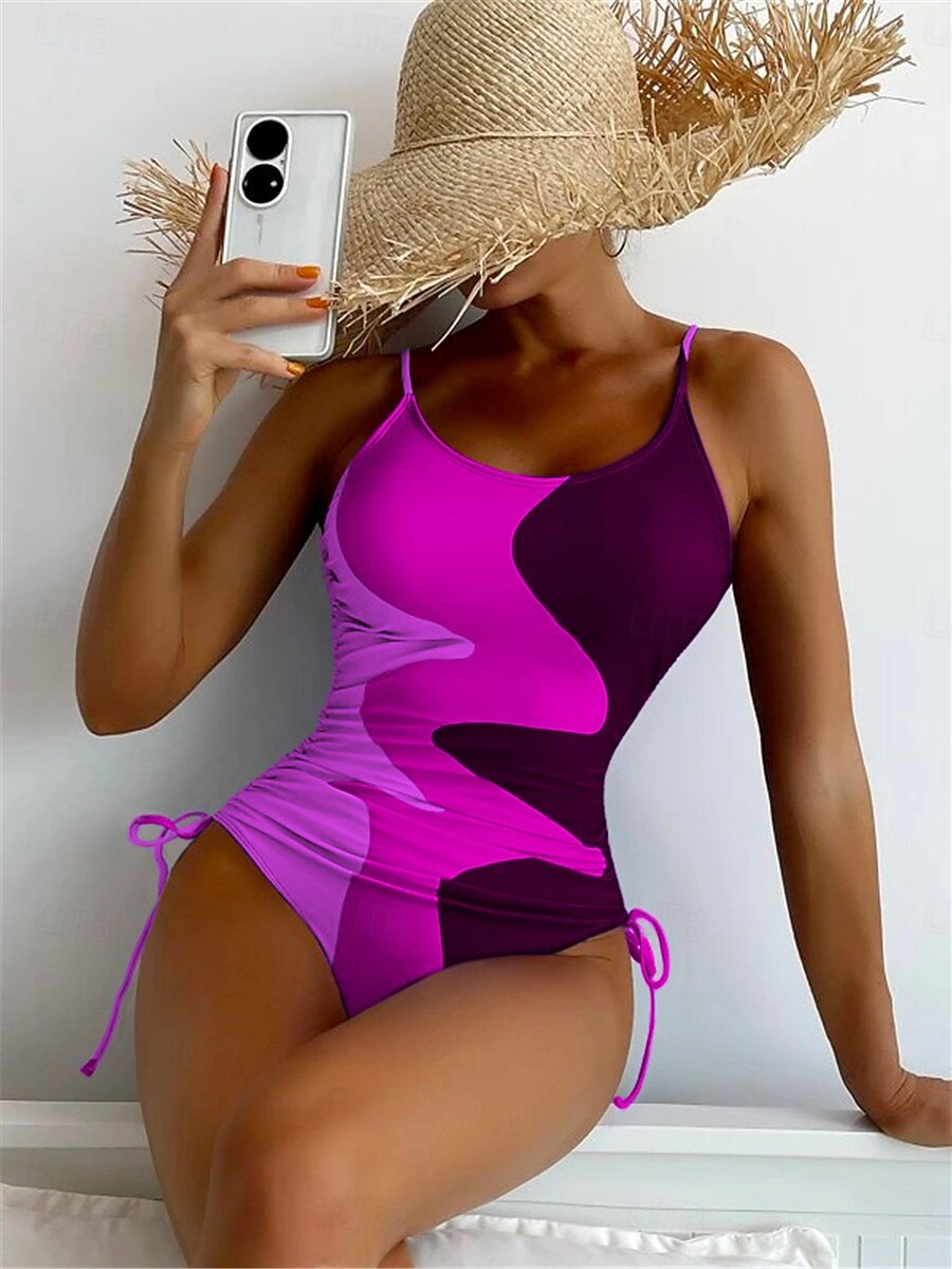 Dam Badkläder En bit Monokini Baddräkt Öppen rygg Magkontroll Hög midja Smal Semester Standkläder Färgblock U-hals Ärmlös Baddräkter 2025 - $29.99 –P7