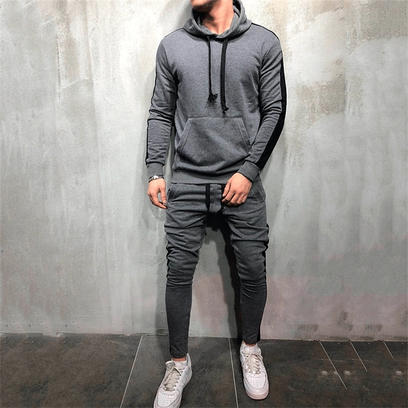 Men's Tracksuit Jogging Suit 2 Piece Casual Fall Long Sleeve Breathable Soft Fitness Gym Workout Running Sportswear Activewear Color Block Dark Grey Black White 2025 - $32.99 –P2